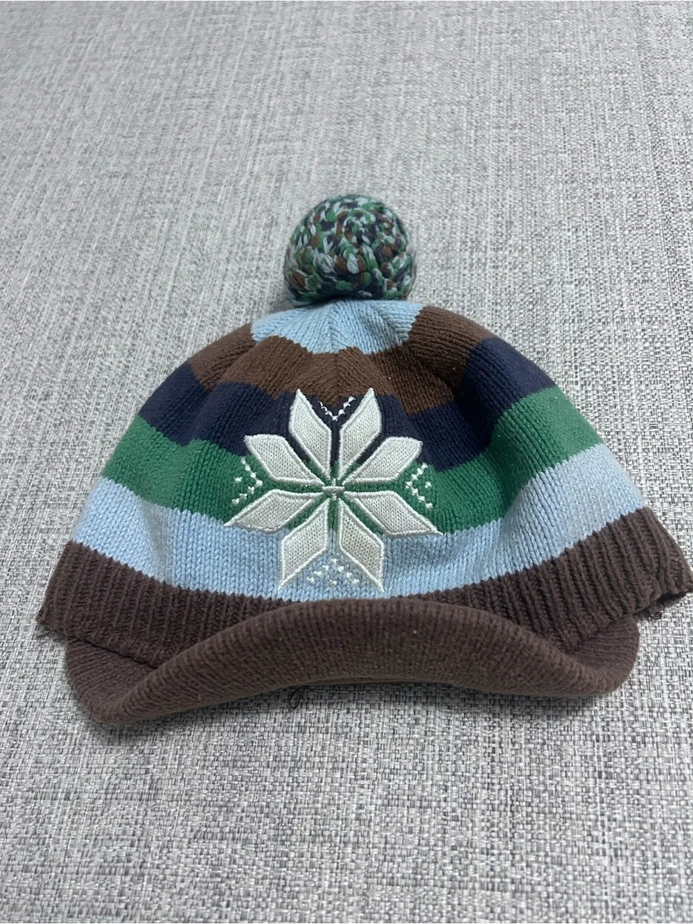 Hanna Andersson Brown Green Light Blue Striped Pom Beanie with Snowflake. Size S